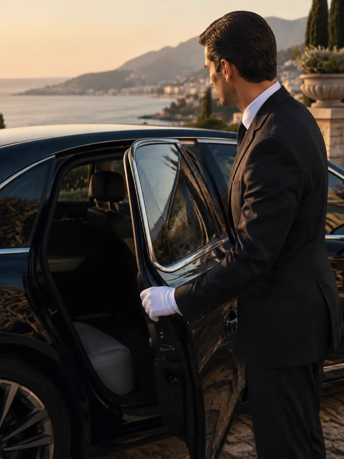 Chauffeur in a dark suit opening the rear door of a black luxury sedan